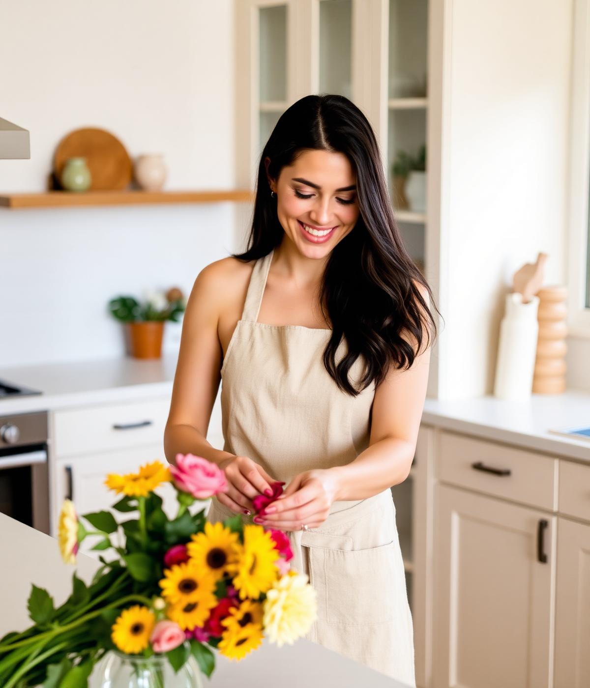 A founder of The Household Assistant Co arranging fresh flowers in a calm Brisbane kitchen